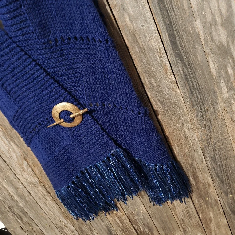 NEW Navy Blue Hand Knitted Shawl Wrap Scarf Eyelet Boho Coastal Glam Artsy Indie